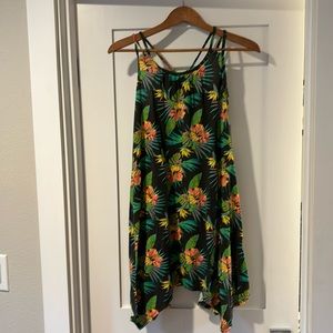 Black with Tropical Print Double Strap T Shirt Sun Dress